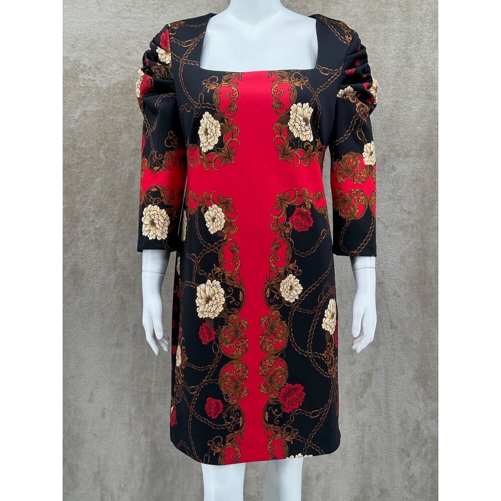 Alexia Admor Dress Womens 12 Black Red Floral Elizabeth Scuba 3/4 Sleeve Ruched